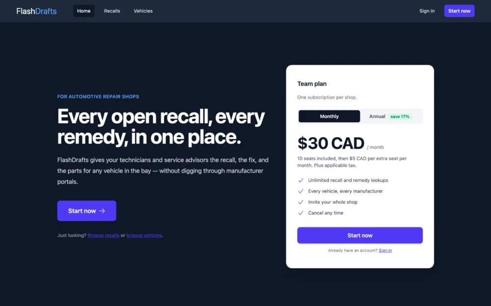 FlashDrafts home page: every open recall, every remedy, in one place