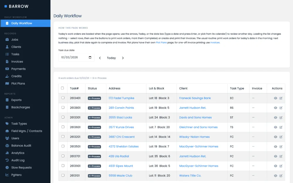 The surveying firm's daily workflow screen, listing the day's work orders