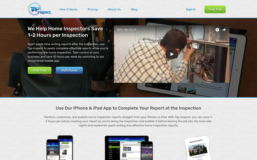 Tap Inspect's home page: We help home inspectors save 1-2 hours per inspection