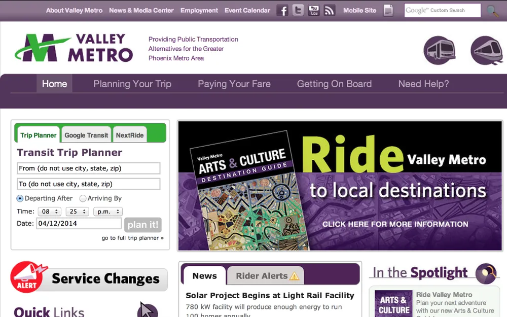 Valley Metro's home page, with its transit trip planner